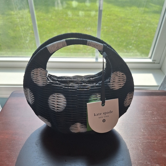 kate spade Handbags - NWT Black and White Kate Spade Polka Dot Wicker Handbag